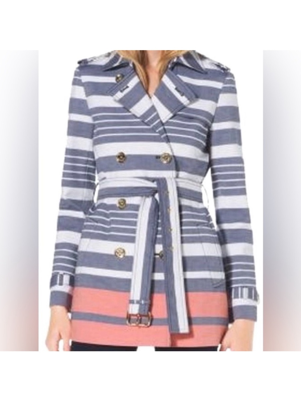 Micheal Kors Striped Navy & White Trench Coat with Coral Hem - Women